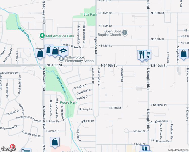 map of restaurants, bars, coffee shops, grocery stores, and more near 3908 Woodside Drive in Midwest City