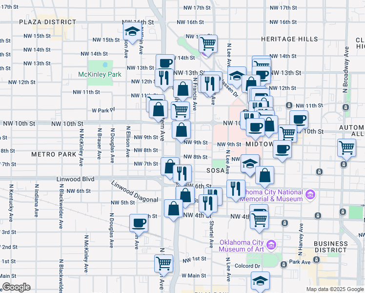 map of restaurants, bars, coffee shops, grocery stores, and more near 925 Northwest 8th Street in Oklahoma City
