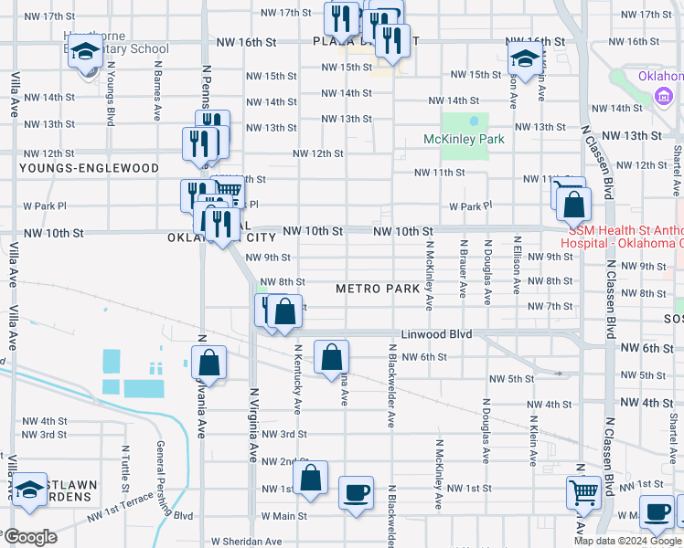 map of restaurants, bars, coffee shops, grocery stores, and more near 1816 Northwest 8th Street in Oklahoma City
