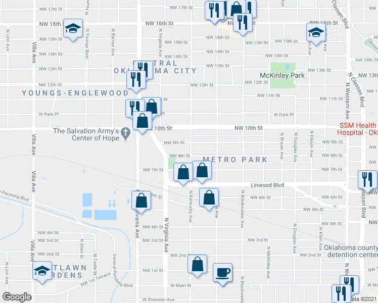 map of restaurants, bars, coffee shops, grocery stores, and more near 815 North Kentucky Avenue in Oklahoma City