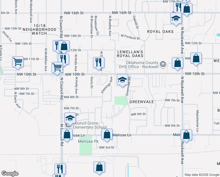 map of restaurants, bars, coffee shops, grocery stores, and more near 924 North Bradley Avenue in Oklahoma City