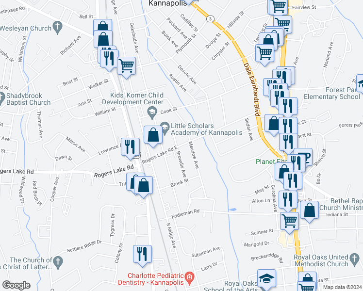 map of restaurants, bars, coffee shops, grocery stores, and more near 318 Rogers Lake Road in Kannapolis