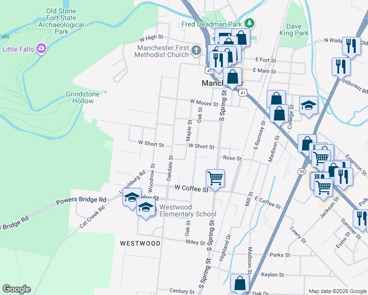 map of restaurants, bars, coffee shops, grocery stores, and more near 204 Cherry Street in Manchester