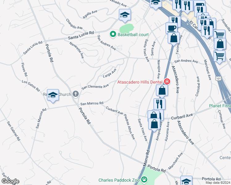 map of restaurants, bars, coffee shops, grocery stores, and more near 8005 San Marcos Road in Atascadero
