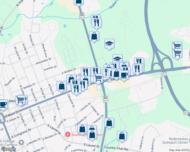 map of restaurants, bars, coffee shops, grocery stores, and more near 1211 East Main Street in Lincolnton