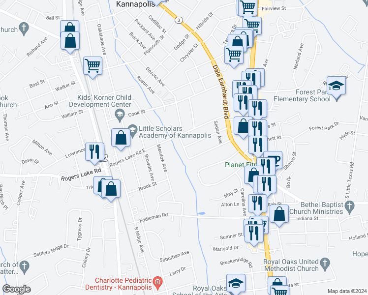 map of restaurants, bars, coffee shops, grocery stores, and more near 1404 Branch Avenue in Kannapolis