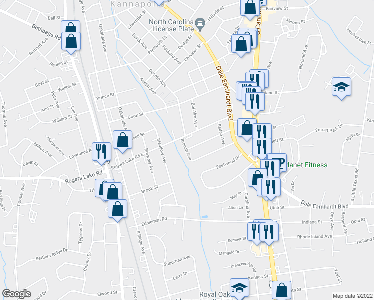 map of restaurants, bars, coffee shops, grocery stores, and more near 1402 Branch Avenue in Kannapolis