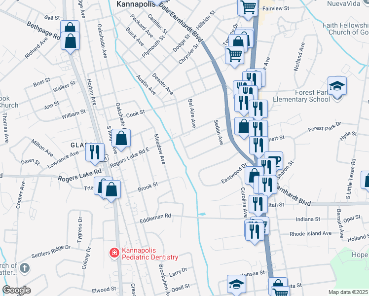 map of restaurants, bars, coffee shops, grocery stores, and more near 1400 Branch Avenue in Kannapolis