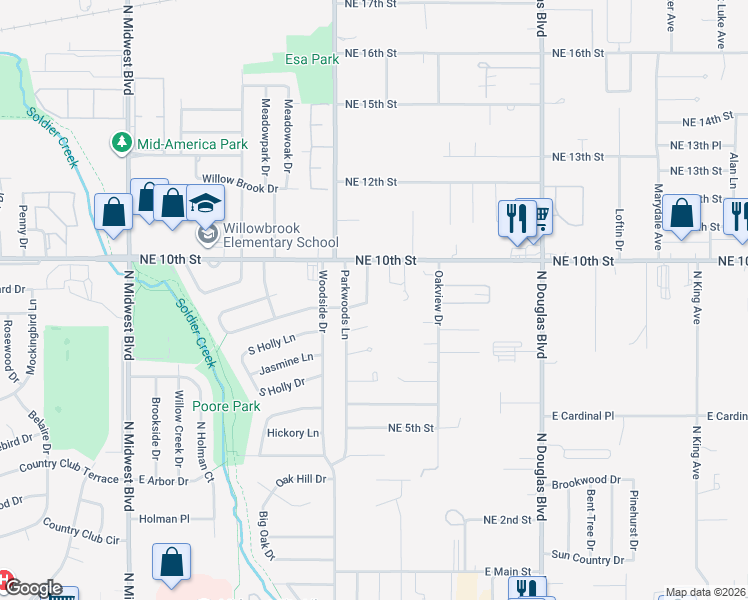 map of restaurants, bars, coffee shops, grocery stores, and more near 1313 Pinewood Court in Midwest City