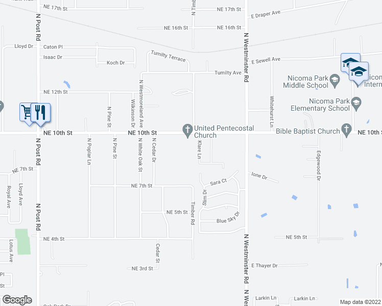 map of restaurants, bars, coffee shops, grocery stores, and more near 911 Klare Lane in Midwest City