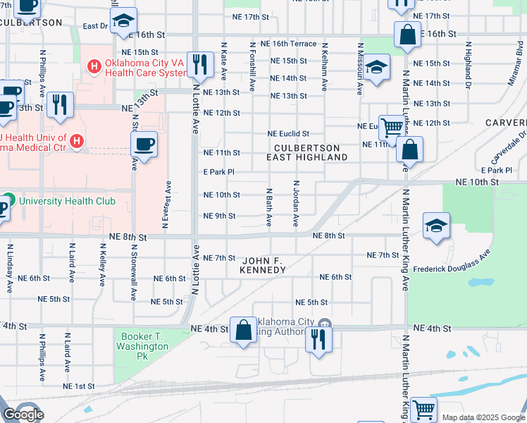 map of restaurants, bars, coffee shops, grocery stores, and more near 1449 Northeast 9th Street in Oklahoma City