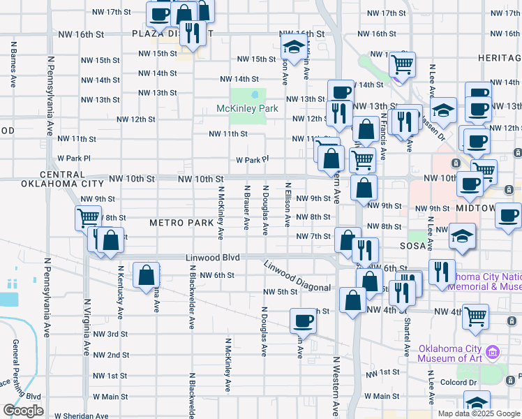 map of restaurants, bars, coffee shops, grocery stores, and more near 815 North Douglas Avenue in Oklahoma City