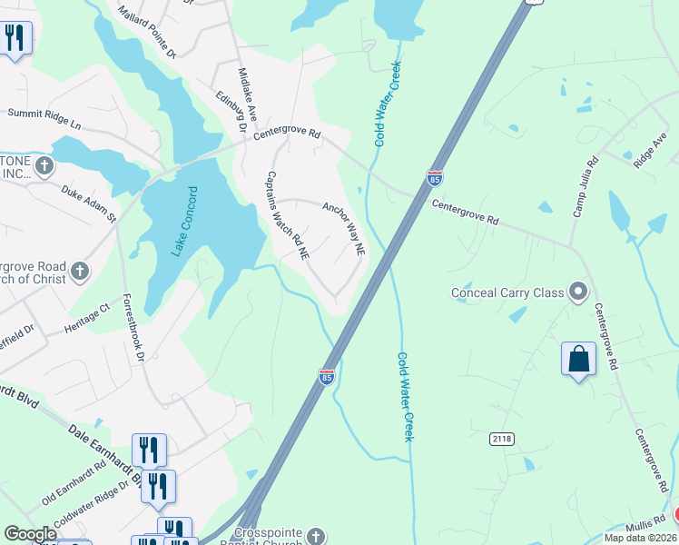 map of restaurants, bars, coffee shops, grocery stores, and more near 960 Anchor Way Northeast in Kannapolis