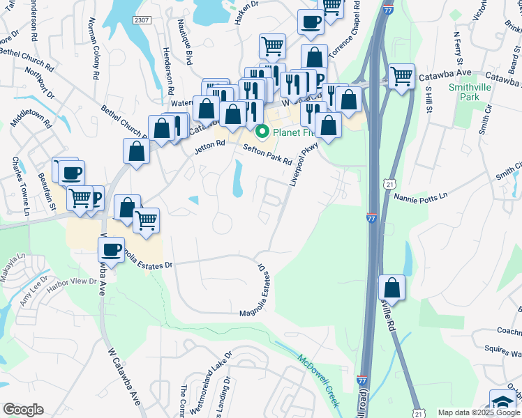 map of restaurants, bars, coffee shops, grocery stores, and more near 8621 Creek Trail Lane in Cornelius