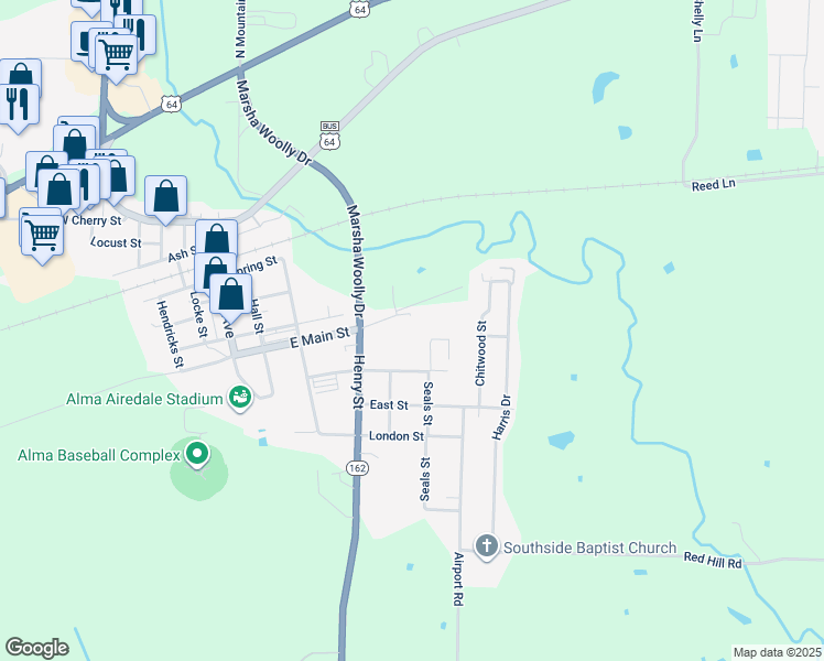 map of restaurants, bars, coffee shops, grocery stores, and more near 400 Mulberry Street in Alma