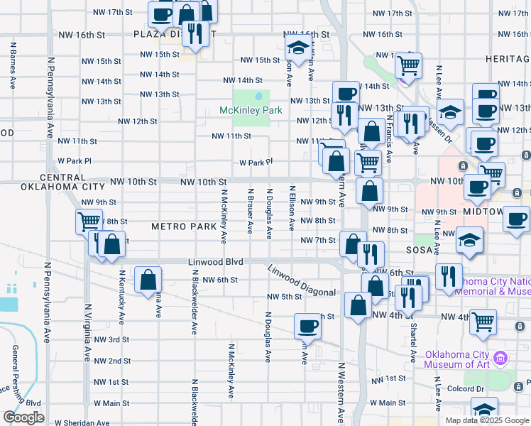 map of restaurants, bars, coffee shops, grocery stores, and more near 815 North Douglas Avenue in Oklahoma City