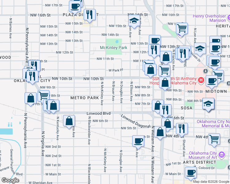 map of restaurants, bars, coffee shops, grocery stores, and more near 819 North Brauer Avenue in Oklahoma City