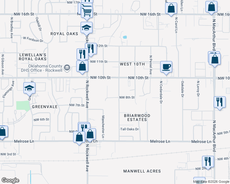 map of restaurants, bars, coffee shops, grocery stores, and more near 823 North Chisholm Road in Oklahoma City