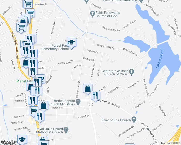 map of restaurants, bars, coffee shops, grocery stores, and more near 510 Eastway Avenue in Kannapolis