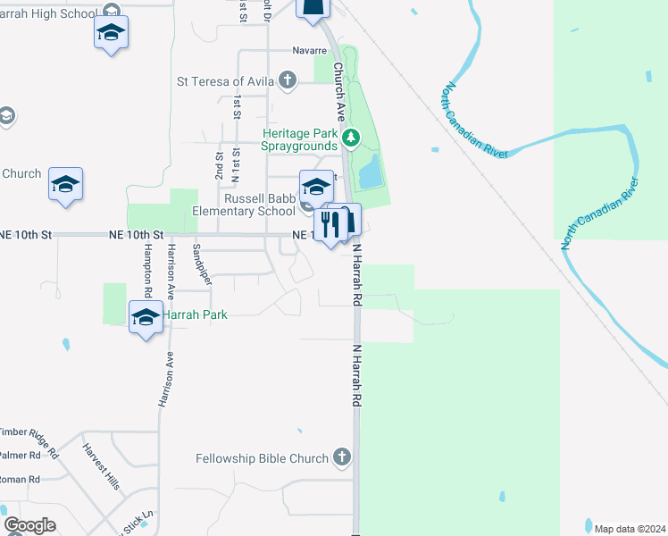 map of restaurants, bars, coffee shops, grocery stores, and more near 20879 Red Cedar Drive in Harrah