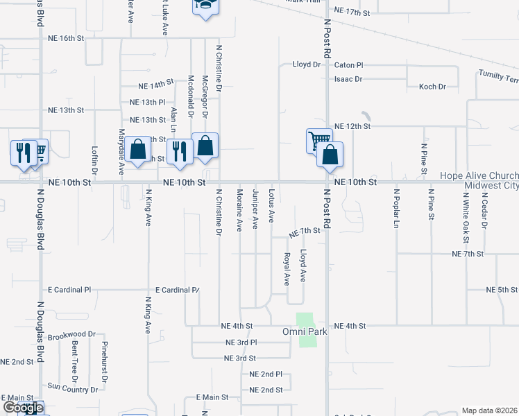 map of restaurants, bars, coffee shops, grocery stores, and more near 912 Juniper Avenue in Midwest City