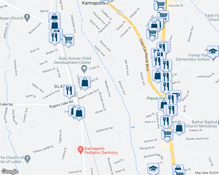 map of restaurants, bars, coffee shops, grocery stores, and more near 1401 Meadow Avenue in Kannapolis