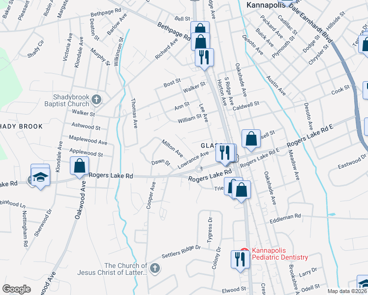 map of restaurants, bars, coffee shops, grocery stores, and more near 1206 Margaret Avenue in Kannapolis