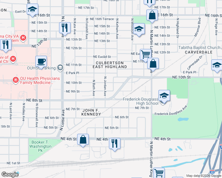 map of restaurants, bars, coffee shops, grocery stores, and more near 1709 Northeast 10th Street in Oklahoma City