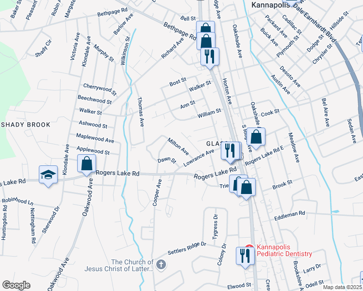 map of restaurants, bars, coffee shops, grocery stores, and more near 1217 Milton Avenue in Kannapolis