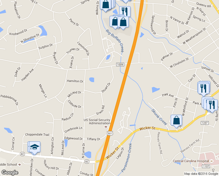 map of restaurants, bars, coffee shops, grocery stores, and more near 810 Stuart Drive in Sanford
