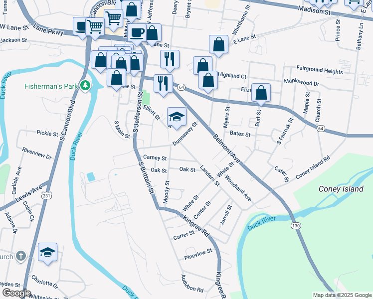 map of restaurants, bars, coffee shops, grocery stores, and more near 609 Landers Street in Shelbyville