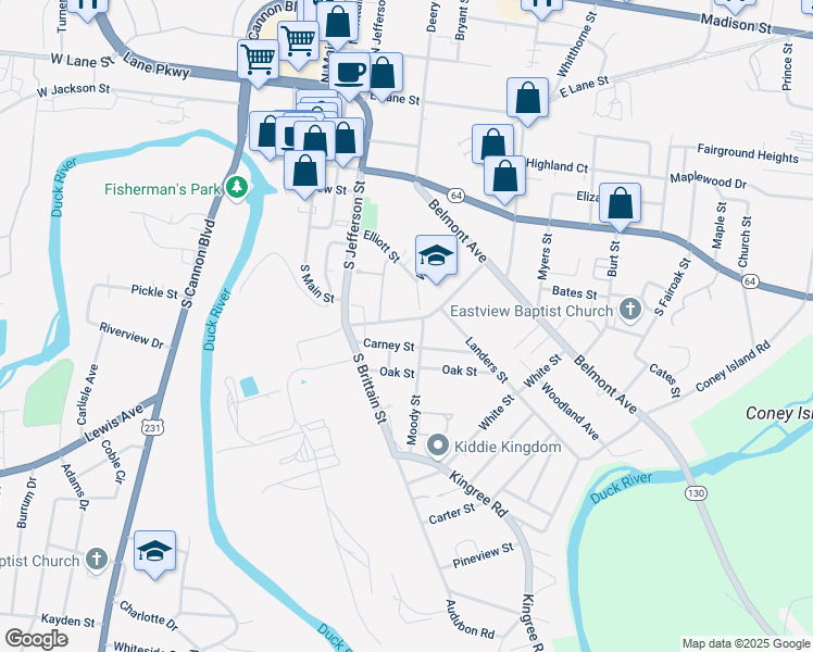 map of restaurants, bars, coffee shops, grocery stores, and more near 401 Dunnaway Street in Shelbyville