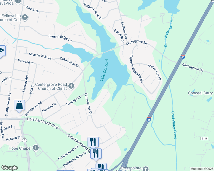 map of restaurants, bars, coffee shops, grocery stores, and more near 2413 Pine Cape Court in Kannapolis