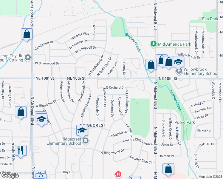 map of restaurants, bars, coffee shops, grocery stores, and more near 128 East Blossom Drive in Midwest City