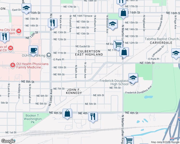 map of restaurants, bars, coffee shops, grocery stores, and more near 1709 Northeast 10th Street in Oklahoma City