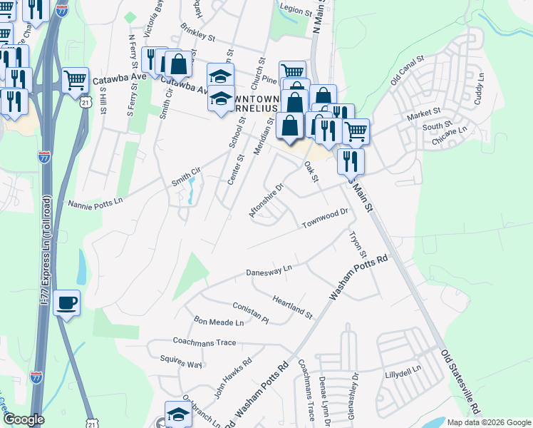 map of restaurants, bars, coffee shops, grocery stores, and more near 21532 Aftonshire Drive in Cornelius