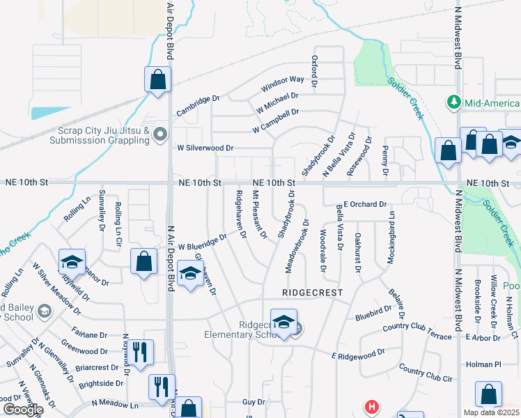 map of restaurants, bars, coffee shops, grocery stores, and more near 3704 Mount Pleasant Drive in Midwest City