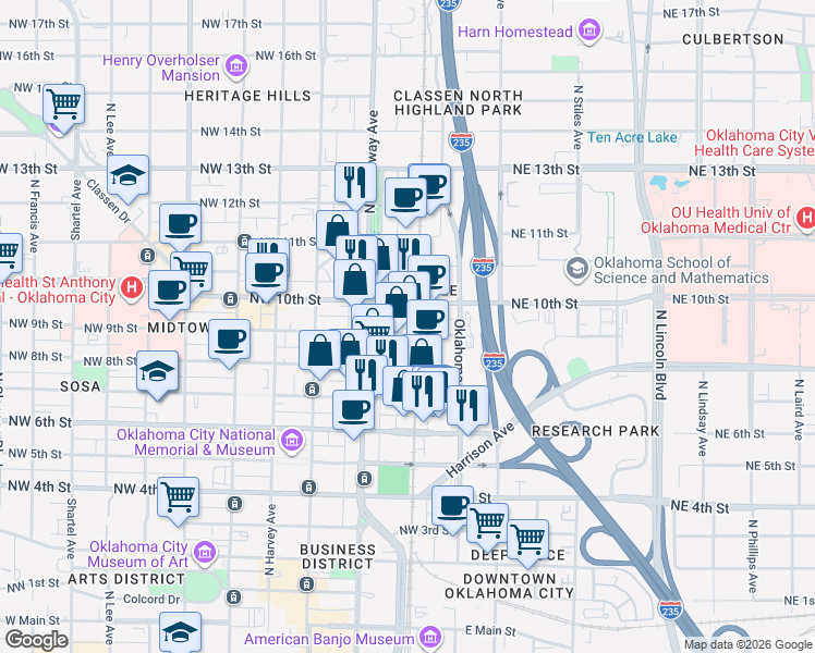 map of restaurants, bars, coffee shops, grocery stores, and more near in Oklahoma City