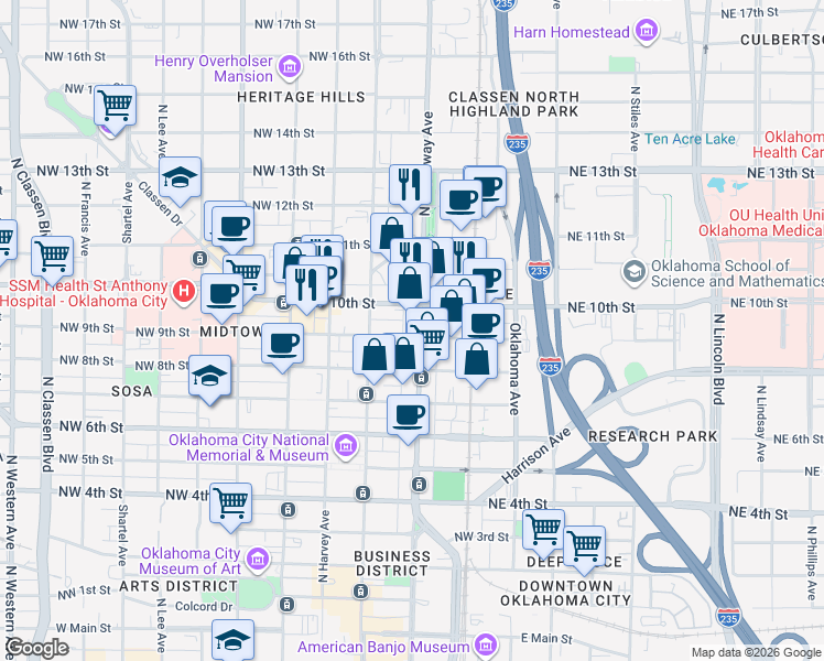 map of restaurants, bars, coffee shops, grocery stores, and more near 124 Northwest 10th Street in Oklahoma City