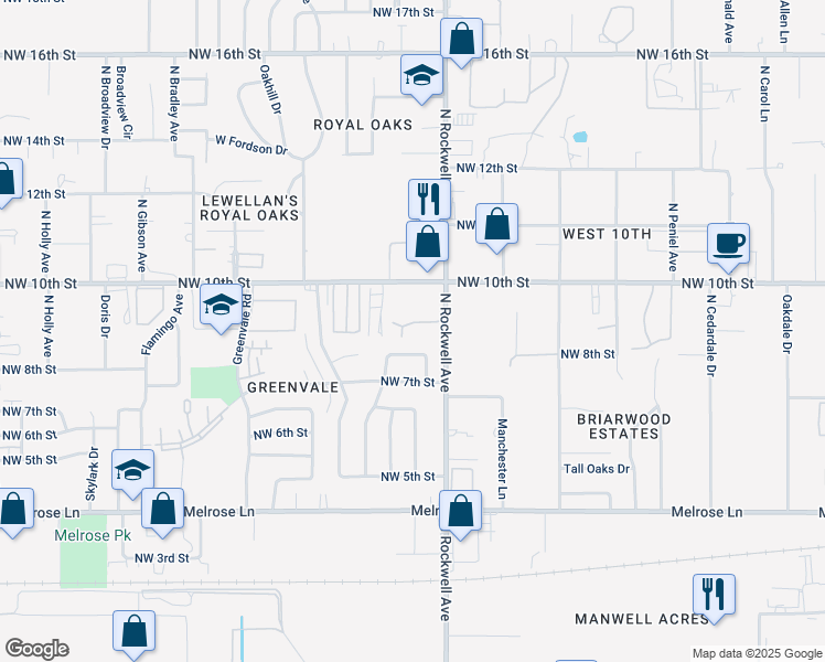 map of restaurants, bars, coffee shops, grocery stores, and more near 905 North Rockwell Avenue in Oklahoma City