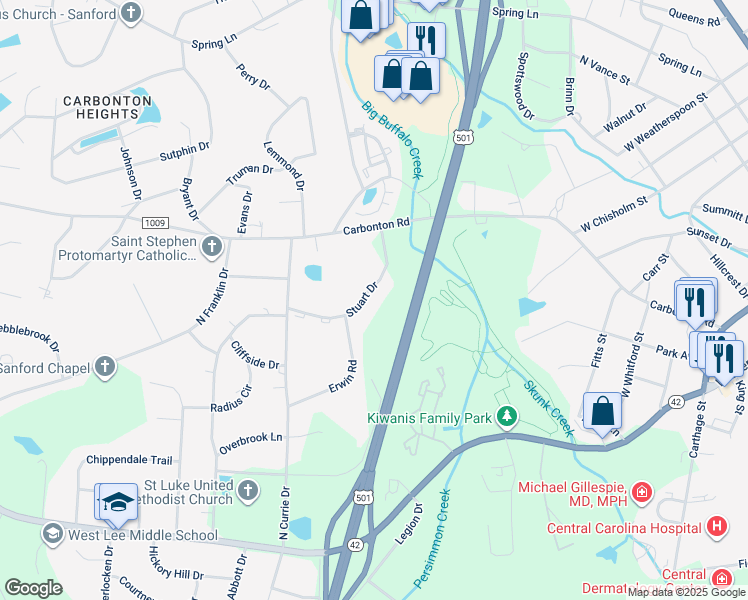map of restaurants, bars, coffee shops, grocery stores, and more near 810 Stuart Drive in Sanford