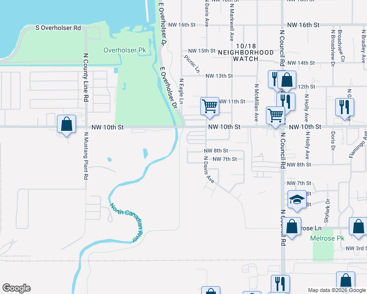 map of restaurants, bars, coffee shops, grocery stores, and more near 8314 Northwest 10th Street in Oklahoma City