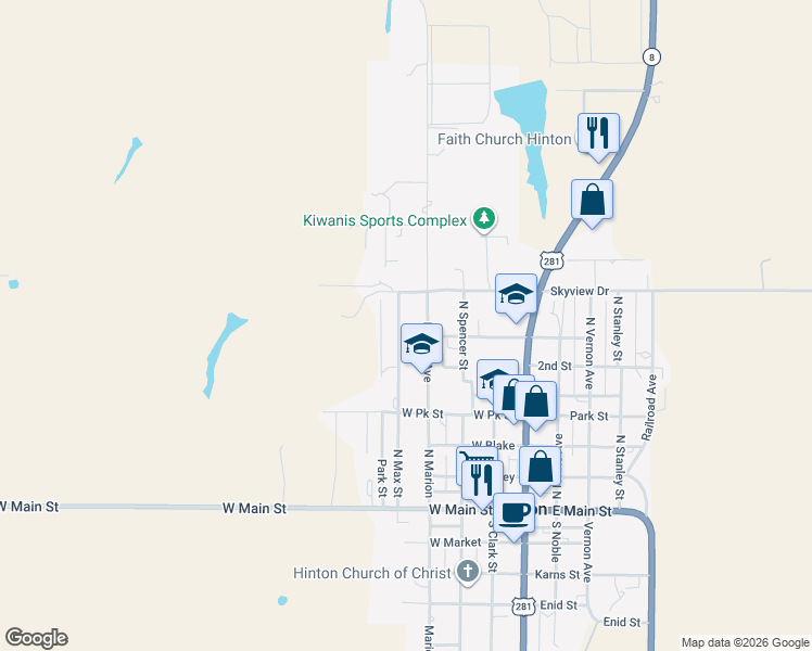 map of restaurants, bars, coffee shops, grocery stores, and more near 726 Marion Avenue in Hinton