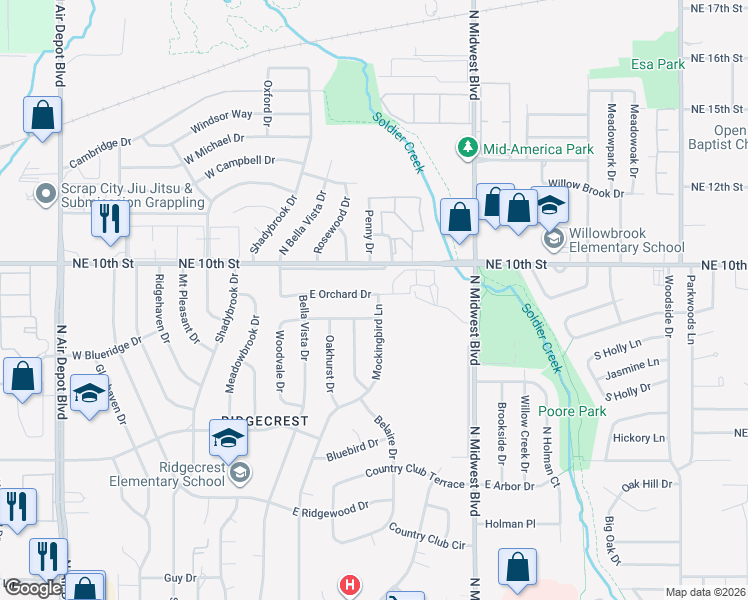 map of restaurants, bars, coffee shops, grocery stores, and more near 3705 Mockingbird Lane in Midwest City