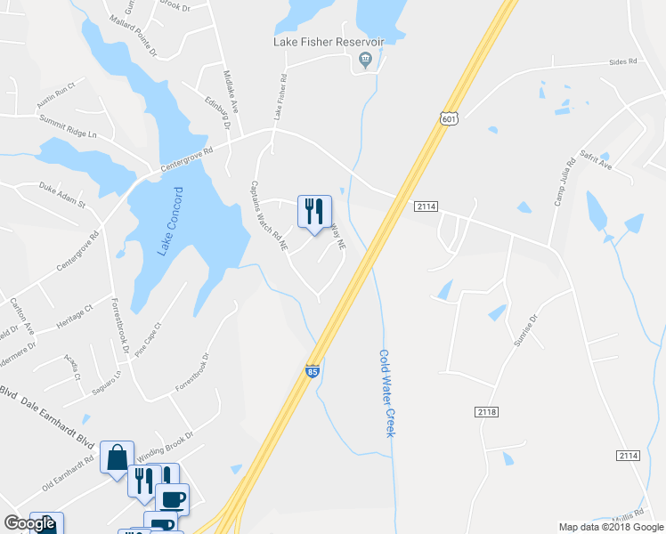 map of restaurants, bars, coffee shops, grocery stores, and more near 936 Anchor Way Northeast in Kannapolis