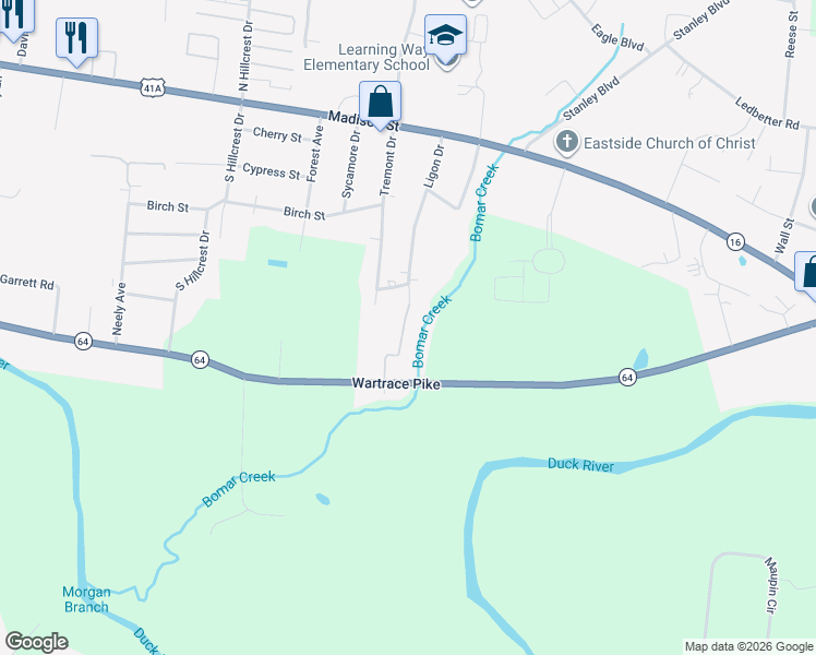 map of restaurants, bars, coffee shops, grocery stores, and more near 301 Ligon Drive in Shelbyville