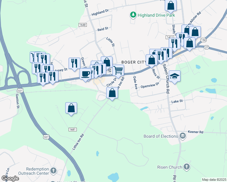 map of restaurants, bars, coffee shops, grocery stores, and more near 101 Idlewood Drive in Lincolnton