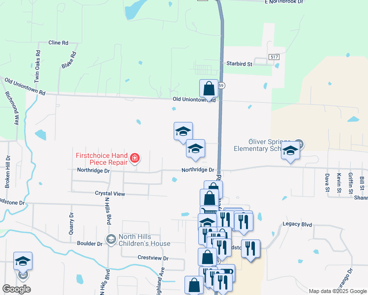 map of restaurants, bars, coffee shops, grocery stores, and more near 120 Northridge Drive in Van Buren