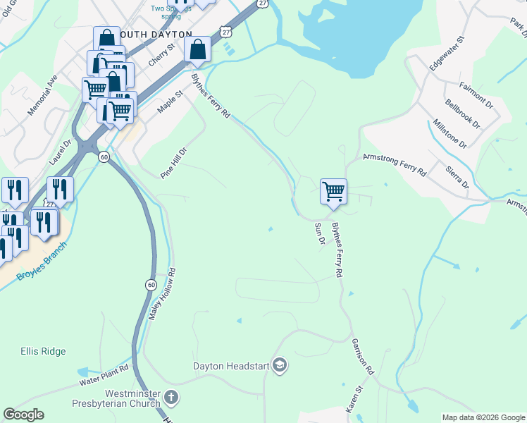 map of restaurants, bars, coffee shops, grocery stores, and more near 730 Blythe Ferry in Dayton