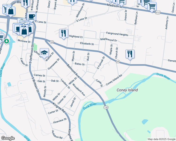 map of restaurants, bars, coffee shops, grocery stores, and more near 202 Bates Street in Shelbyville